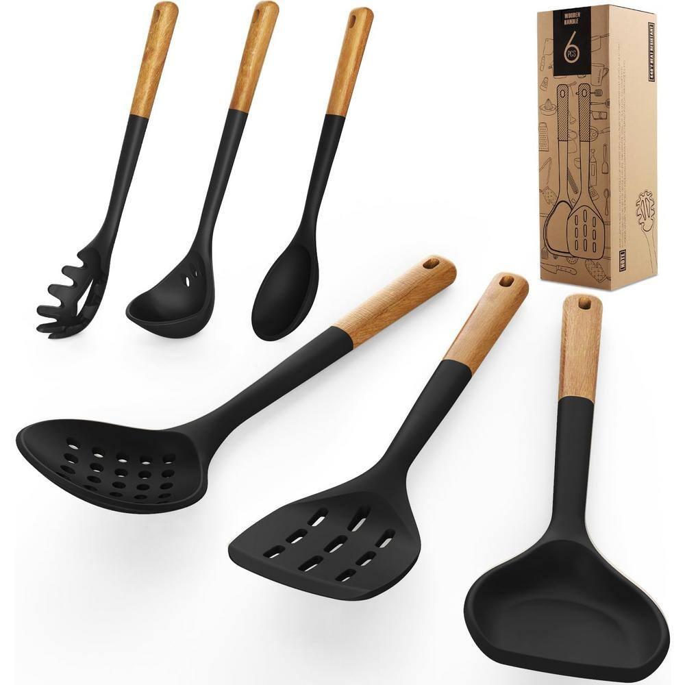 Large Silicone Cooking Utensils - Heat Resistant Kitchen Utensil Set with Wooden Handles, Spatula,Turner, Slotted Spoon, Pasta server, Kitchen Gadgets Tools Sets for Non-Stick Cookware (Black)