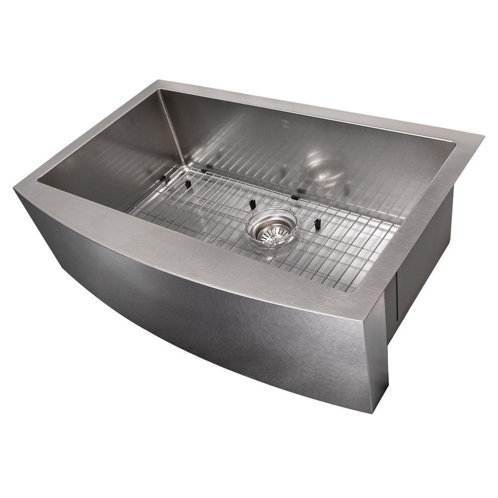 ZLINE 33 in. Vail Farmhouse Apron Mount Single Bowl DuraSnow Stainless Steel Kitchen Sink W/ Bottom Grid (SAS-33S)