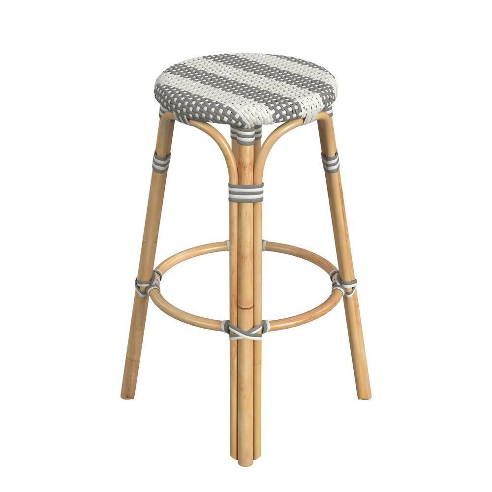 Butler Specialty Company Tobias Round Rattan 30" Bar Stool - Gray & White Stripe