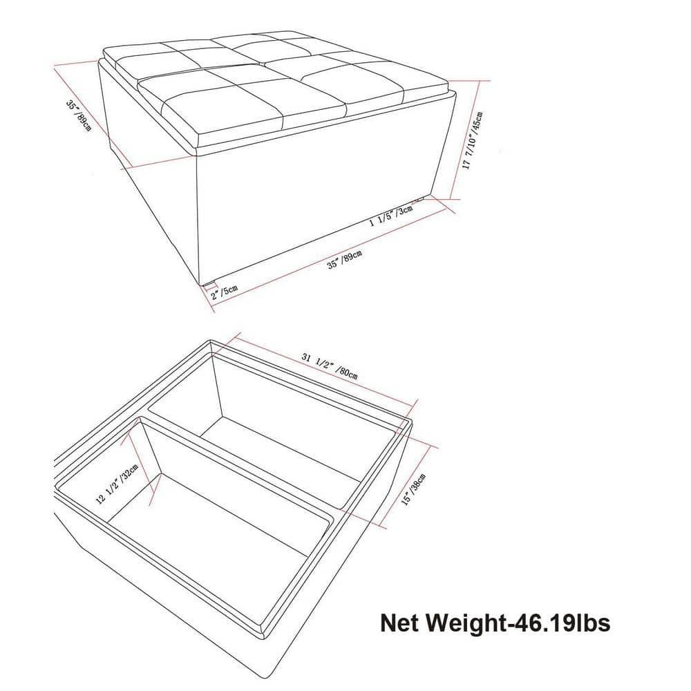 Simpli Home Avalon 35"W Upholstered Square Coffee Table Storage Ottoman with Flip-Over Trays