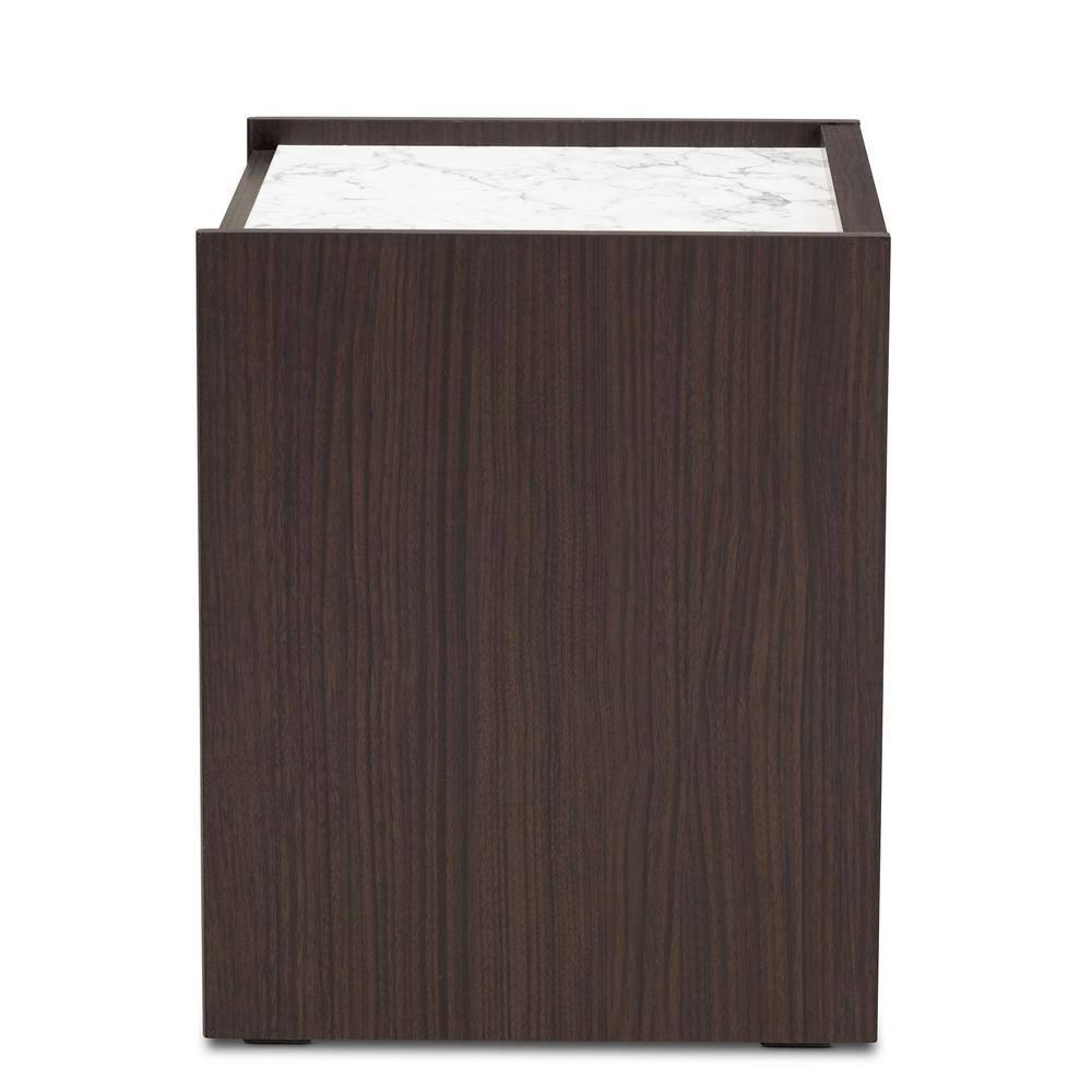 Walker Wood Nightstand: Faux Marble Top, Gold Accents, 2 Drawers - Baxton Studio