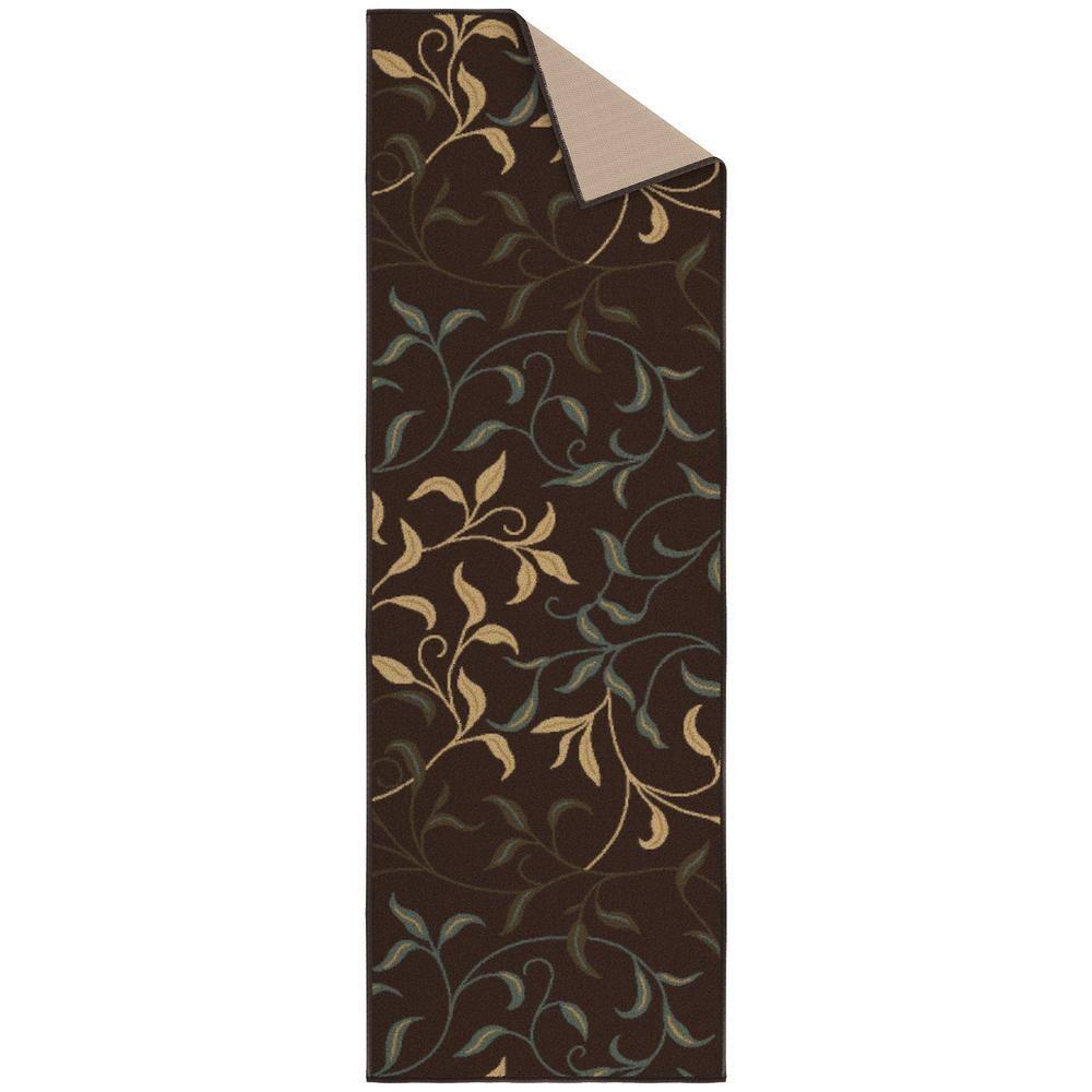 Ottohome Non-Slip Leaves Area Rug For Living Room, Hallway Runner, Entryway Rug, Brown