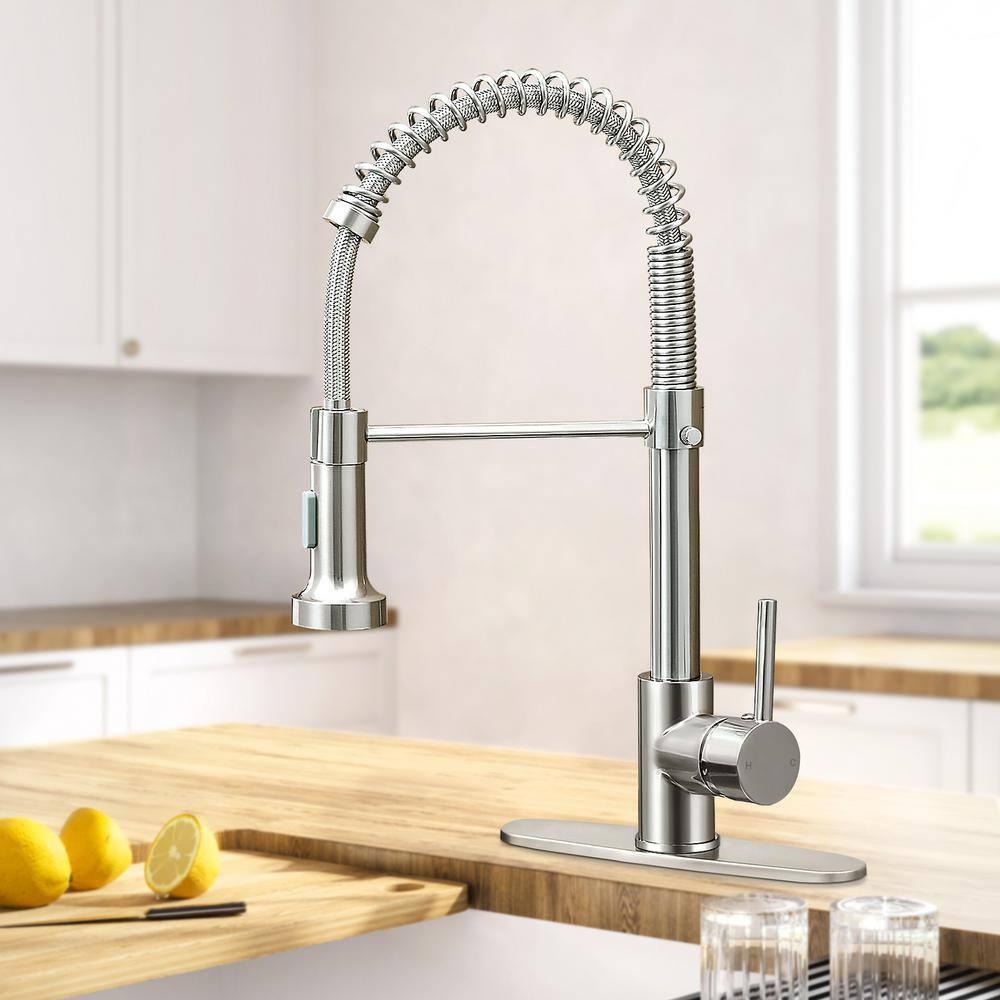 1-Handle Pull Down Sprayer Kitchen Faucet Spring Stainless Steel Kitchen Sink Faucet in Brushed Nickel