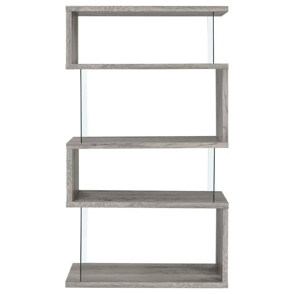 Coaster 63" Emelle 4 Shelf Zig Zag Bookcase with Glass Panels Gray Driftwood: Modern Style, Laminated Melamine Veneer, Metal Hardware