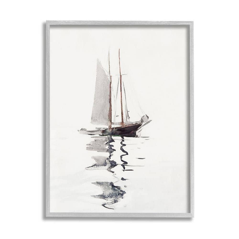 Stupell Industries Tranquil Sailboat Vessel Floating Lone Ocean Reflection Painting Gray Framed Art Print Wall Art, Design by Lettered and Lined