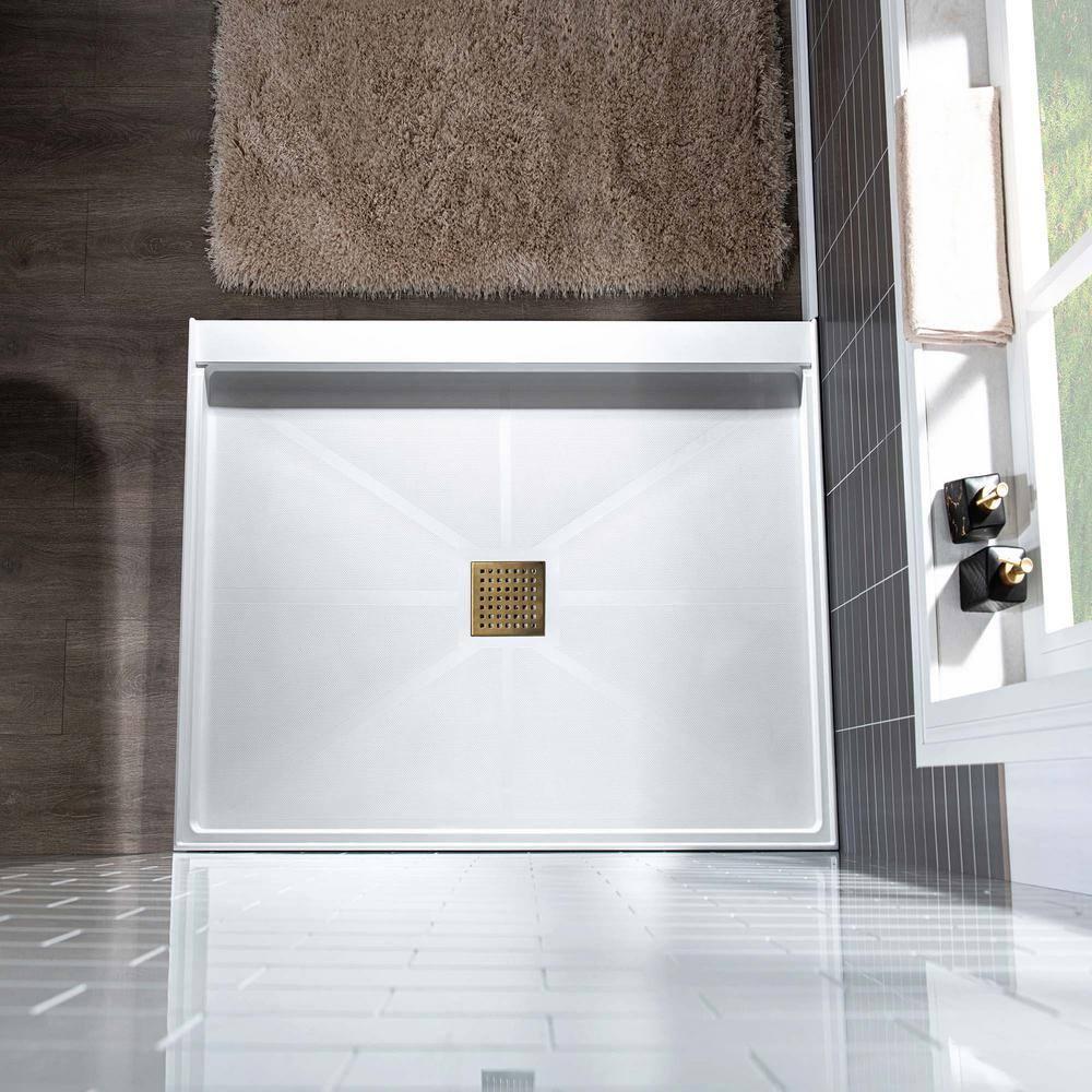 36" Solid Surface Square Single Threshold Shower Pan Base with Drain Assembly & Drain Cover Included, Non-Slip