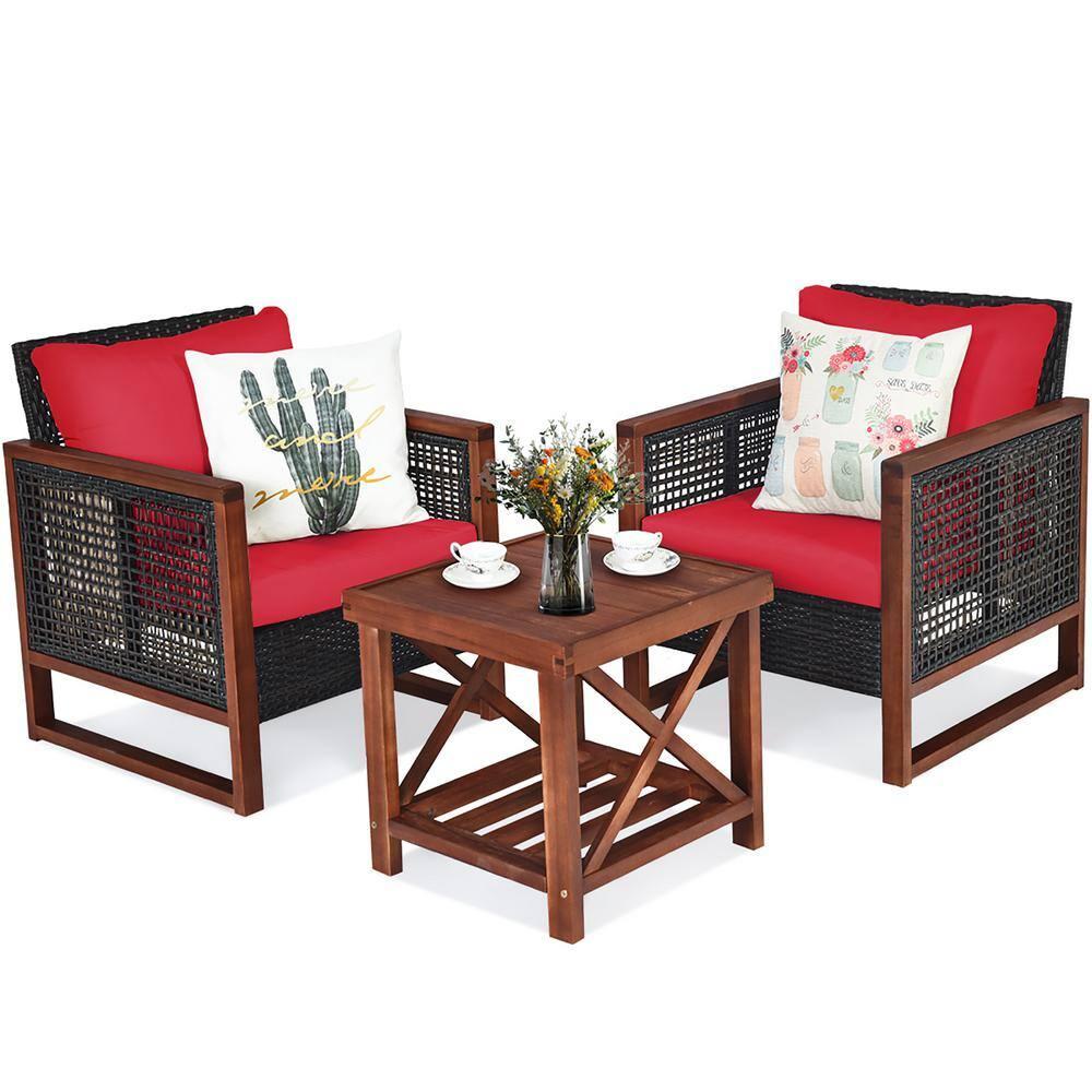 Costway 3PCS Patio Wicker Furniture Set Solid Wood Frame Cushion Sofa w/ Square Table Shelf Red