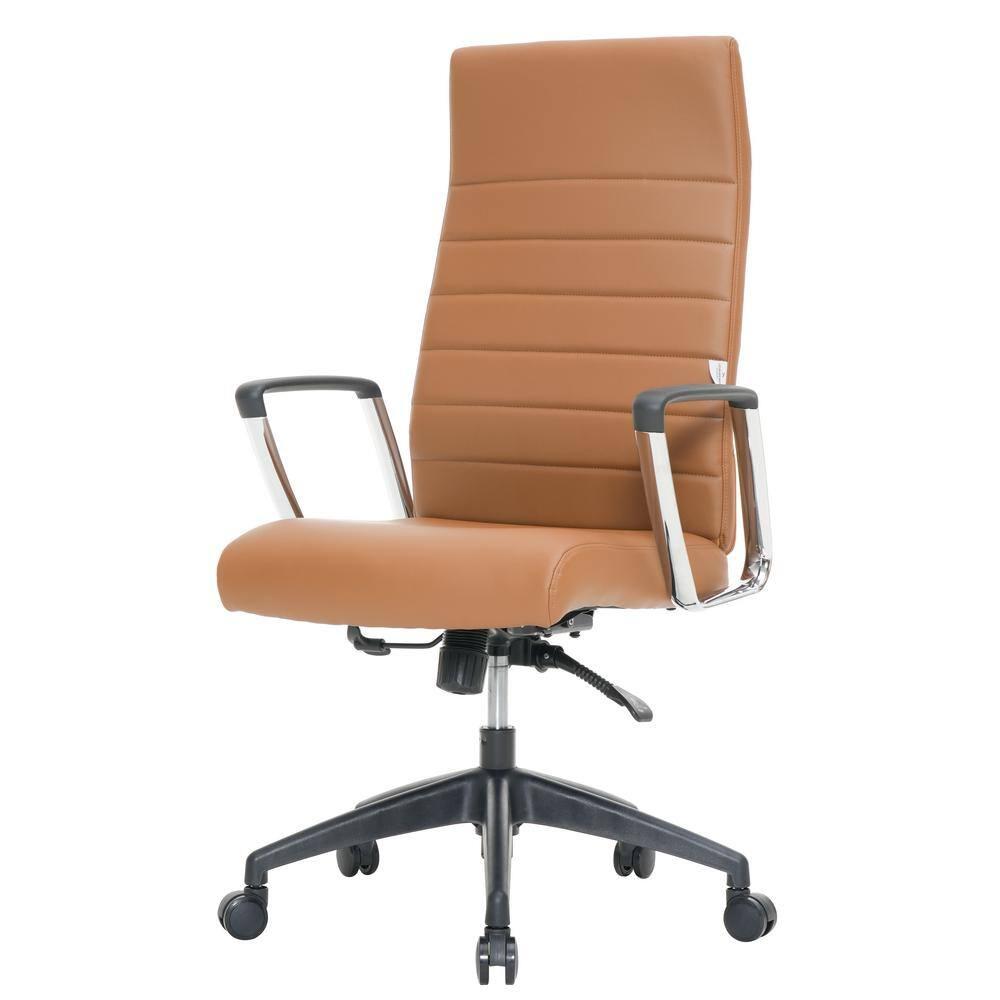 LeisureMod Hilton High-Back Adjustable Office Conference Chair Upholstered in Leather with Steel Frame in Light Brown