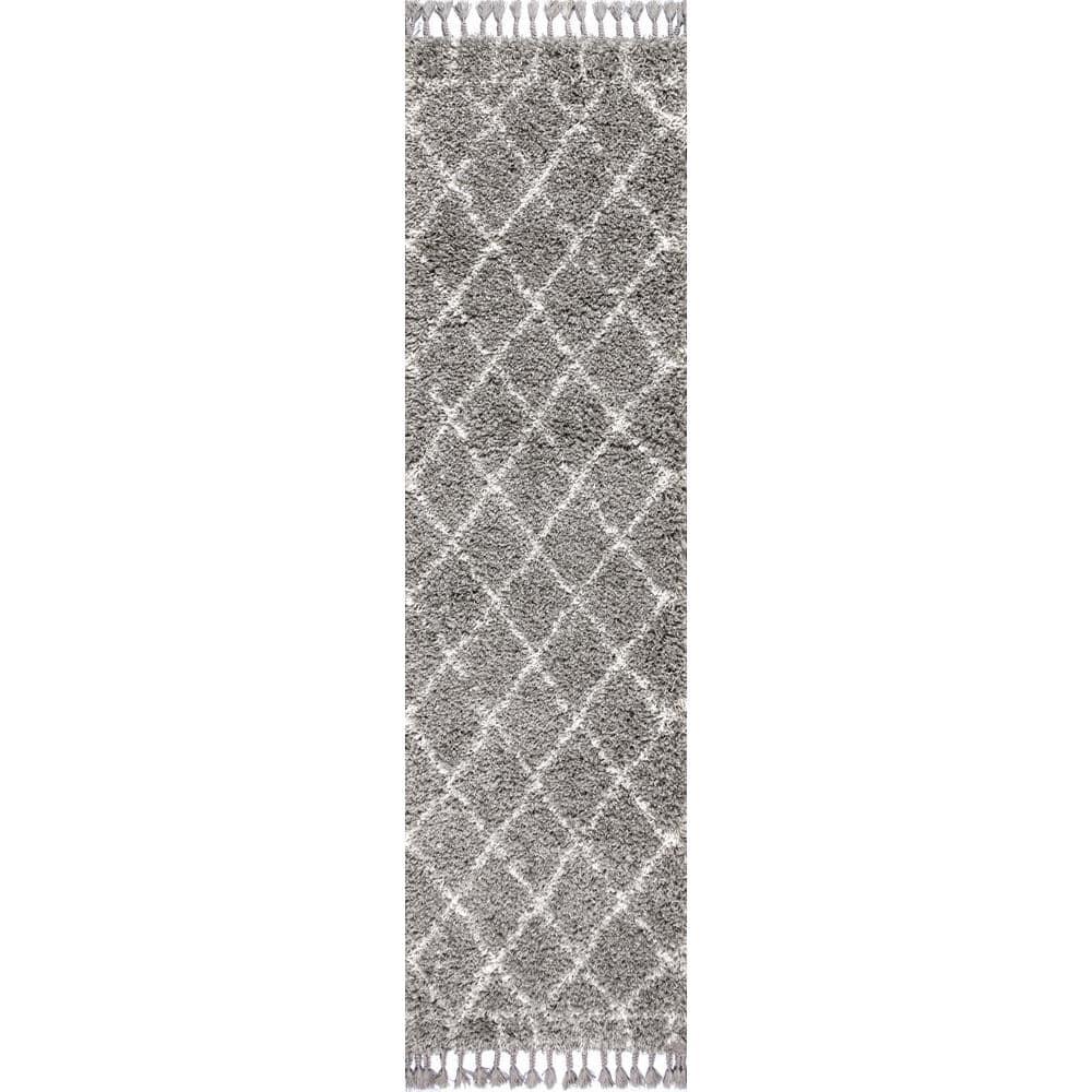2'x8' Mercer Shag Plush Tassel Moroccan Geometric Trellis Area Rug, Grey/Cream - JONATHAN Y