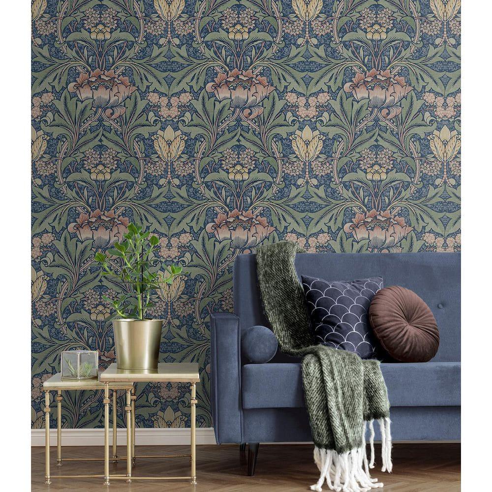 Seabrook Designs  Acanthus Floral Prepasted Wallpaper 20.5 in. W x 33 ft. L - Denim Blue & Salmon