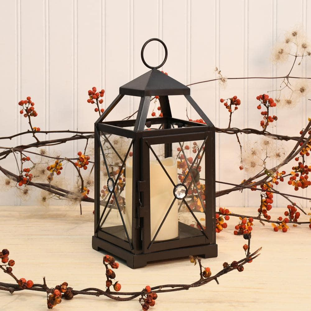 LumaBase Black Gem Metal Lantern with Battery-Operated Candle