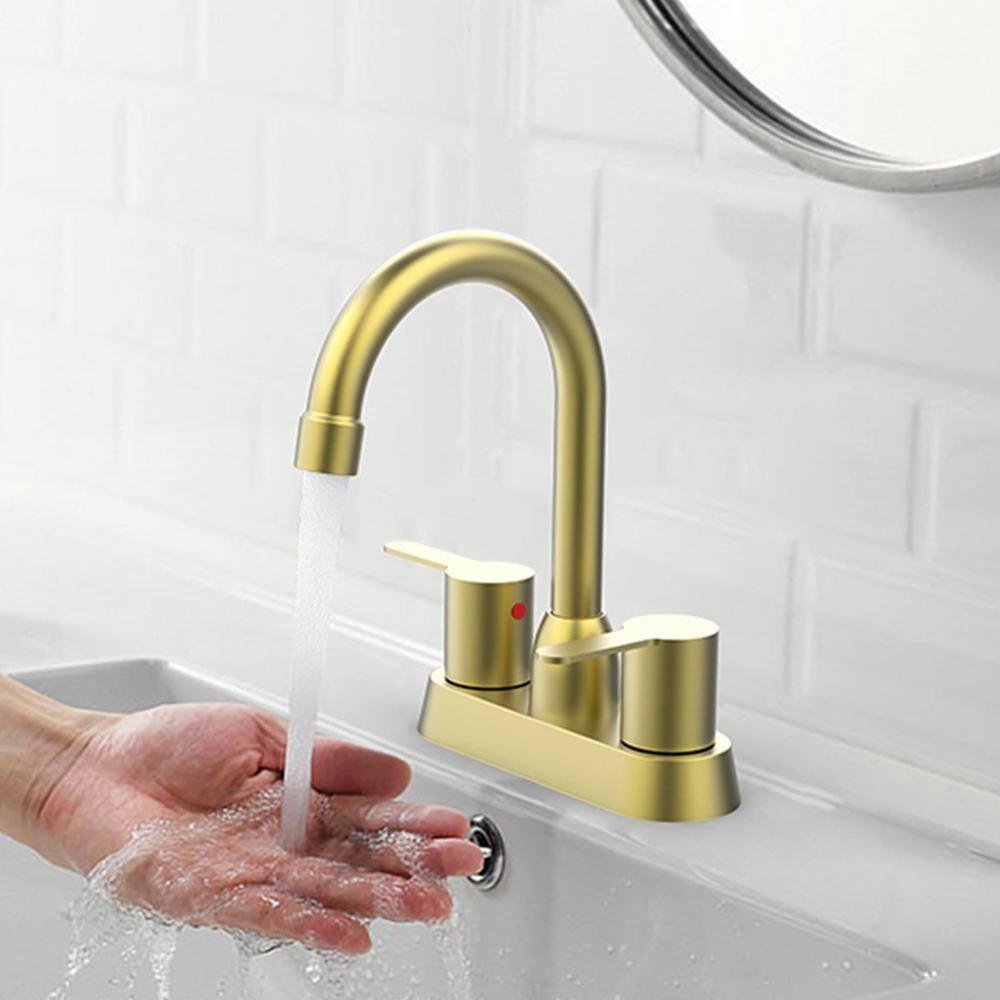 Brushed Gold Bathroom Faucet - 2 Handle, 360 Degree Swivel Spout, Centerset, 4 Inch Vanity, RV & Lavatory Use
