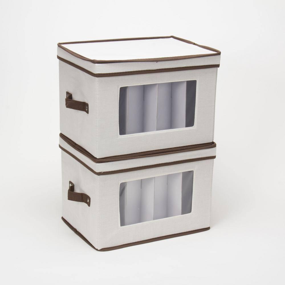 Household Essentials Natural 544 Stemware Storage Box with Lid and Handles | Champagne Glasses Canvas with Brown Trim