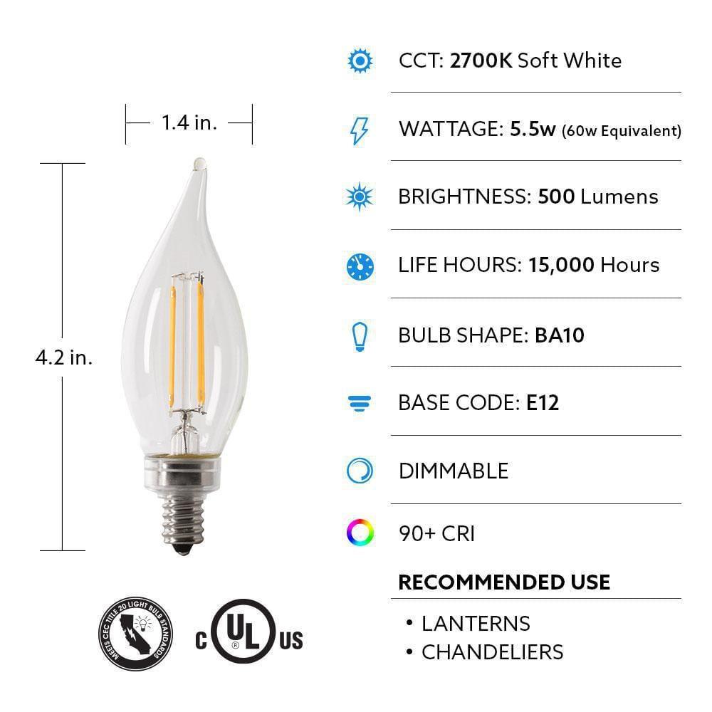 Feit Flame Tip E12 (Candelabra) LED Bulb Soft White 60 Watt Equivalence 2 pk