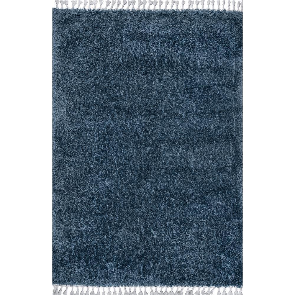 Nuloom Neva Solid 7x9 Shag Indoor Area Rug for Living Room Bedroom Dining Room Nursery, Navy/Ivory