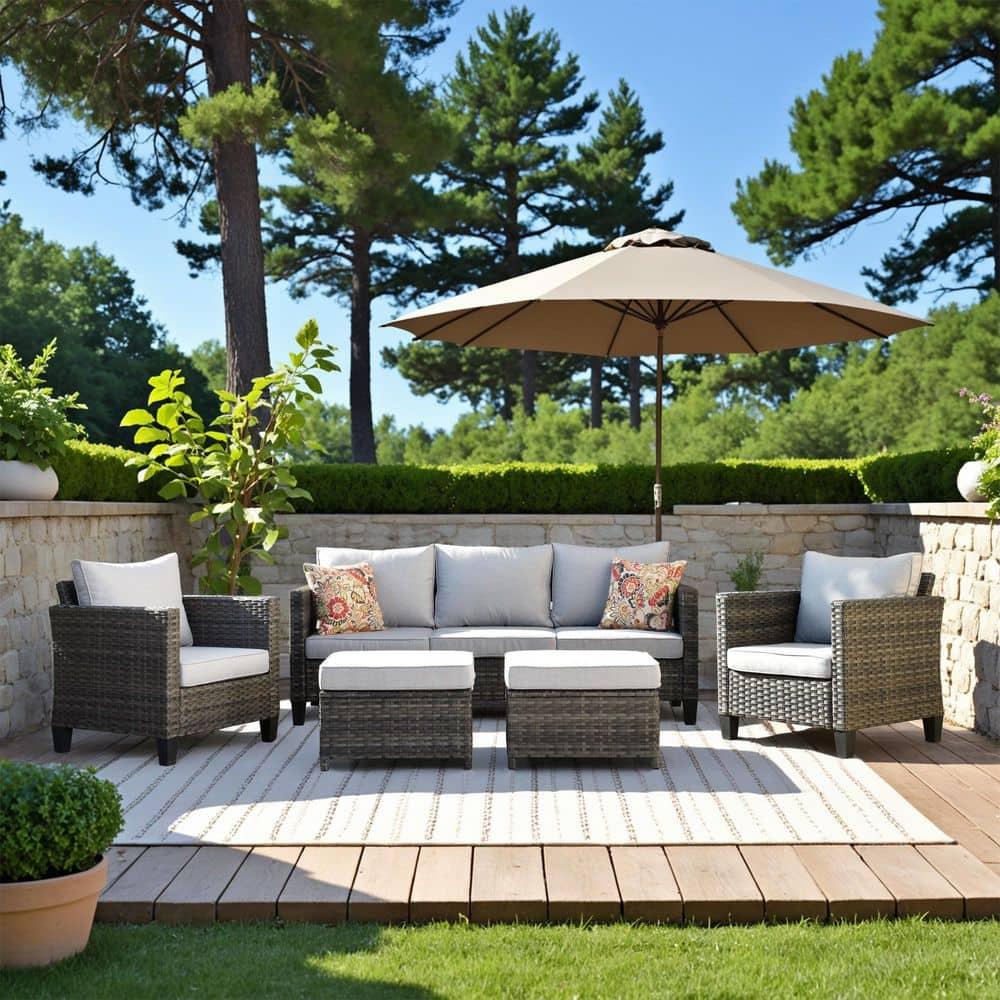 Ovios 5 Pieces Outdoor Patio Furniture Set Wicker Rattan Outdoor Conversation Comfortable Sectional Sofa with Steel Frame, Grey