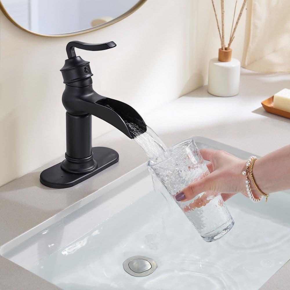 FORIOUS Black Waterfall Bathroom Faucet, Single Handle Antique Bathroom Sink Faucet with Deck Plate, Lead-Free CUPC Hose and Metal Pop-up Drain for 1 Hole or 3 Hole Farmhouse, Lavatory, Vanity
