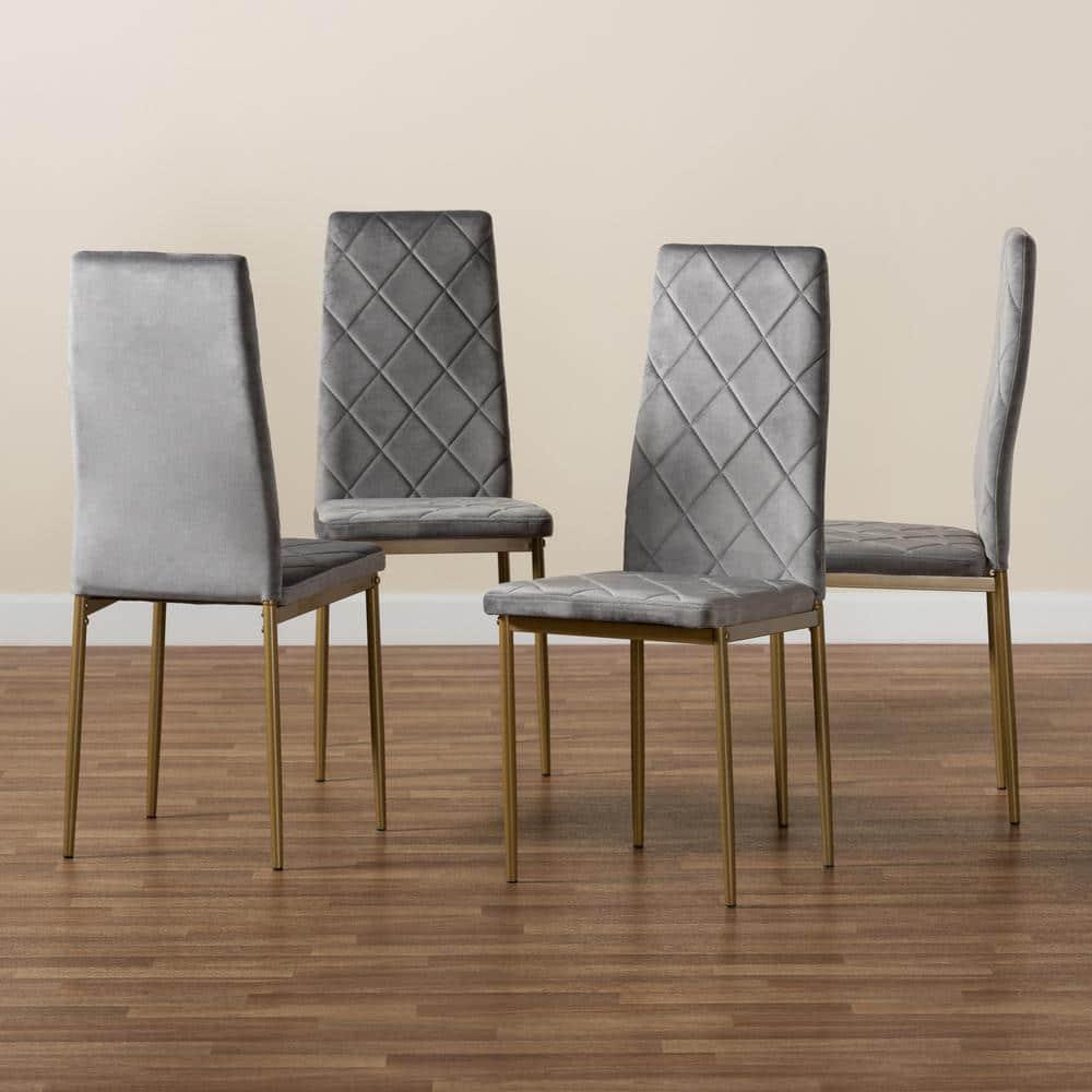 4pc Blaise Velvet Fabric Upholstered and Metal Dining Chair Set Gray/Gold - Baxton Studio