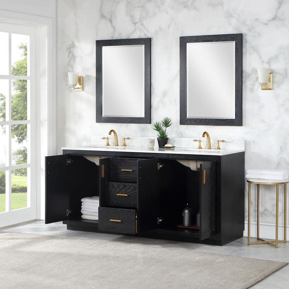 Gazsi 72" Double Bathroom Vanity Set in Black Oak with Grain White Composite Stone Countertop Without Mirror