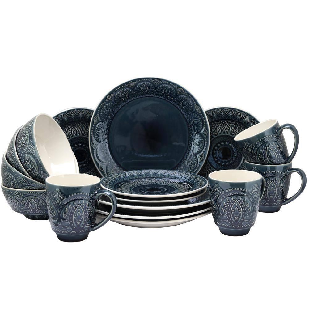 16pc Stoneware Mandala Embossed Dinnerware Set Blue - Elama: Classic Lace Pattern, Service for 4, Microwave & Dishwasher Safe