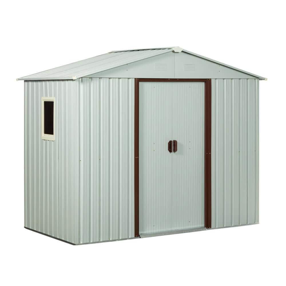 White Metal Outdoor Storage Shed with Window and Double Sliding Doors