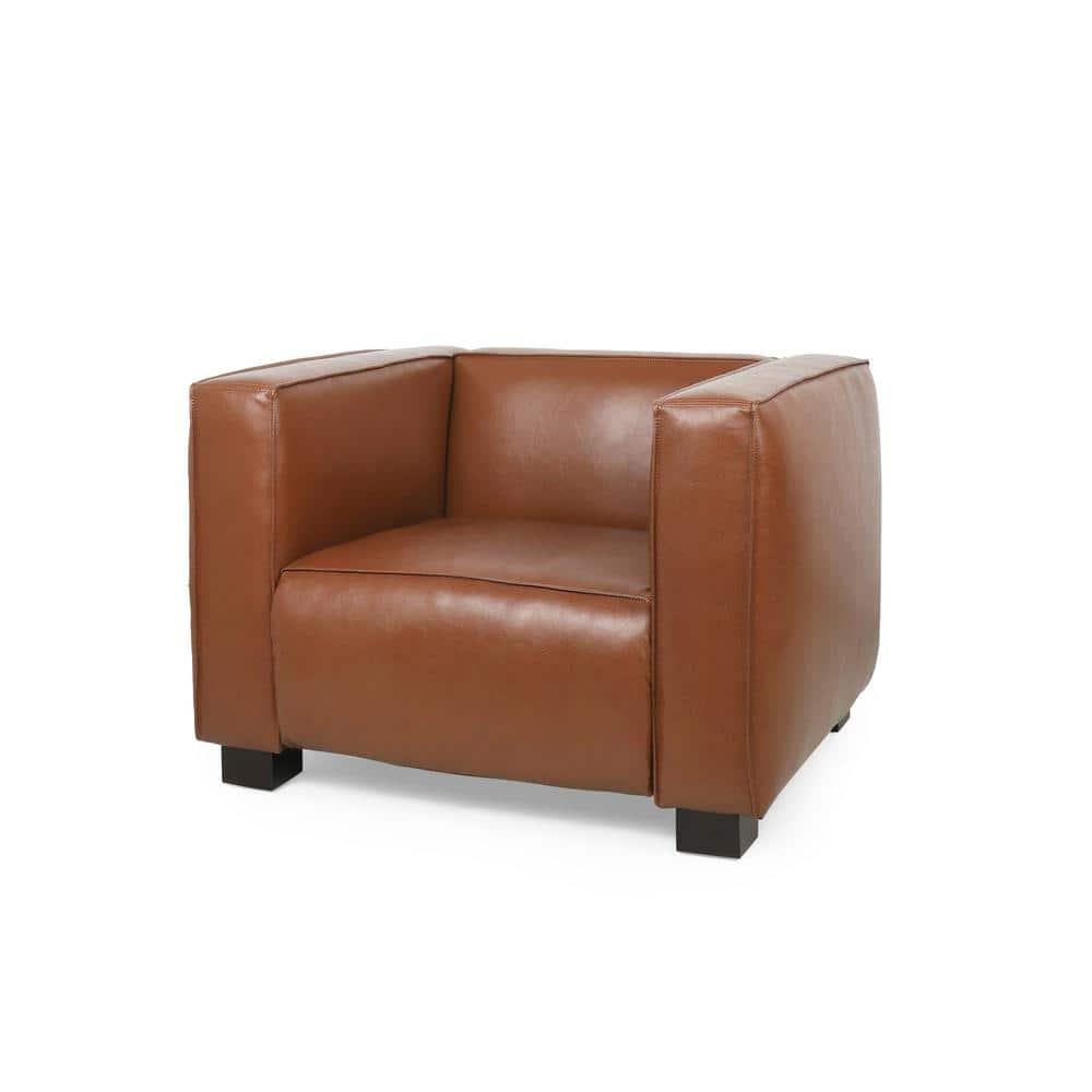 Noble House Denison Faux Leather Club Chair, Cognac Brown and Dark Walnut