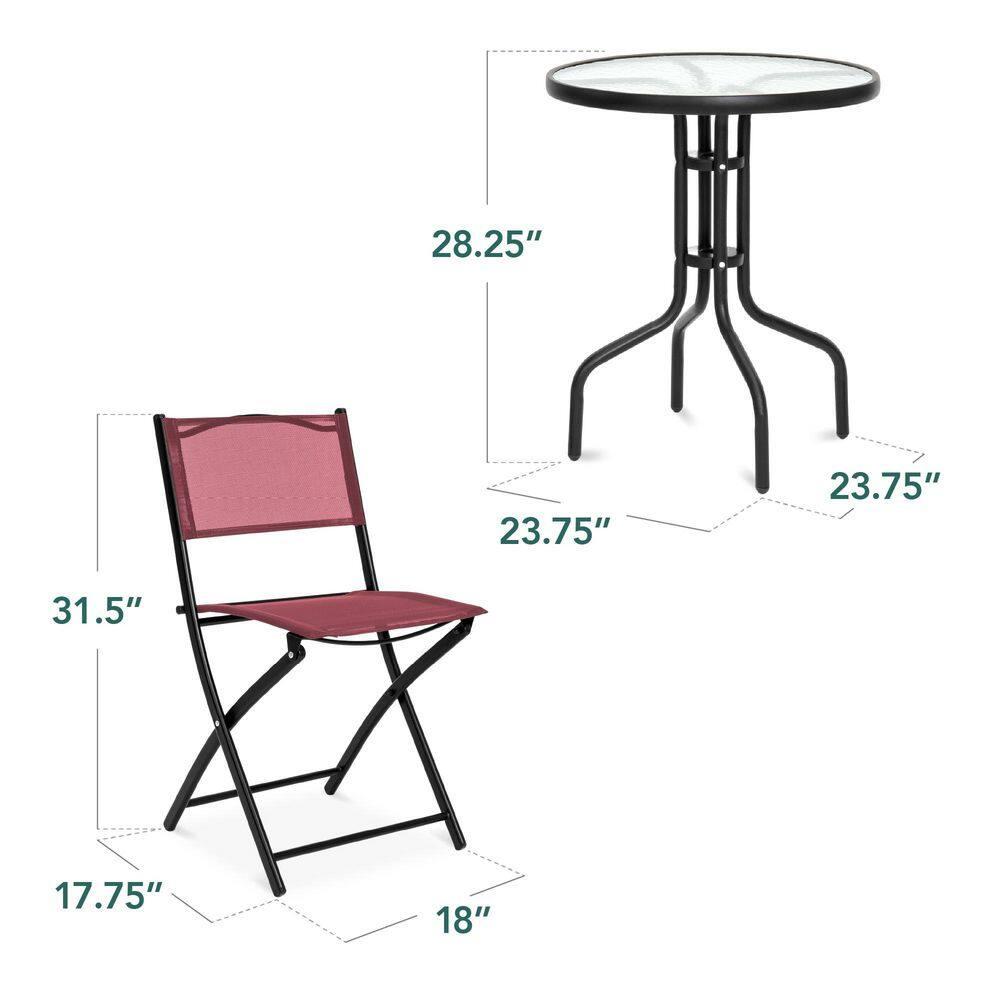 Best Choice Products 3-Piece Patio Bistro Dining Furniture Set w/ Glass Tabletop, Folding Chairs - Burgundy