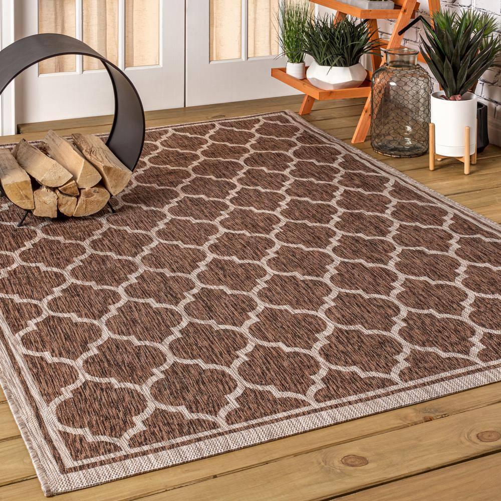 8'x10' Trebol Moroccan Trellis Textured Weave Indoor/Outdoor Area Rug, Espresso/Taupe - JONATHAN Y