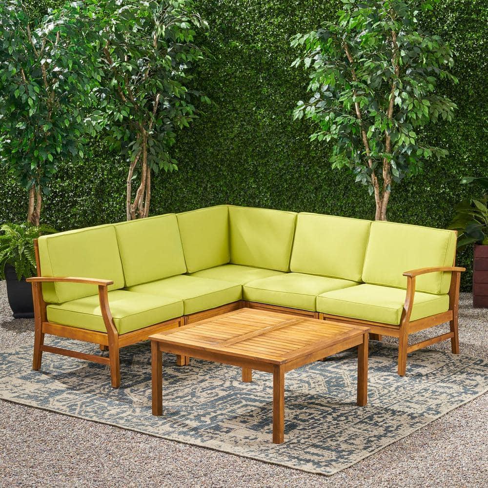 Hermosa 6 Piece Outdoor Acacia Wood Chat Set with Cushions, Teak Finish, Green
