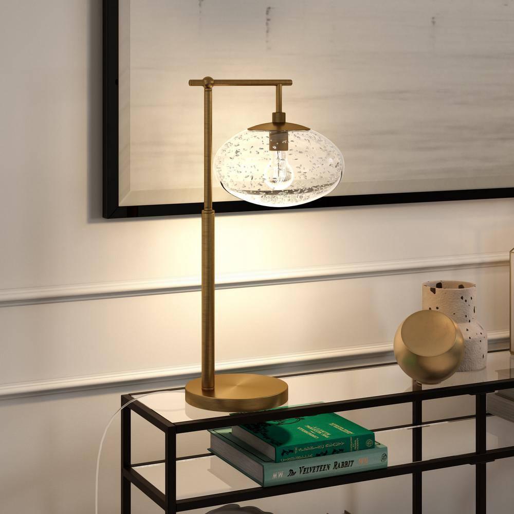 Evelyn&Zoe Blume 25" Tall Arc Table Lamp with Glass Shade in Brushed Brass/Seeded