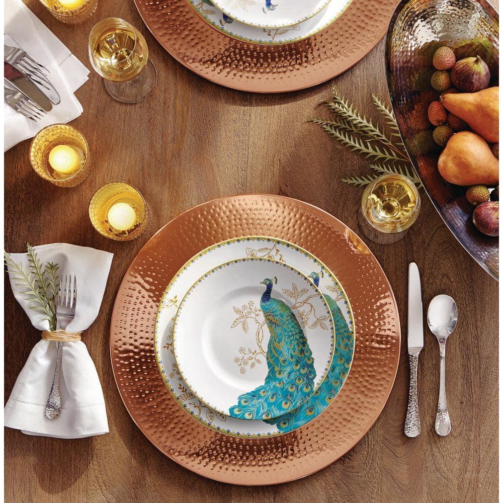 222 Fifth Peacock Garden Porcelain 16pc Dinnerware Set White: Round Dish Set, Service for 4, Bird Pattern, Dishwasher-Safe
