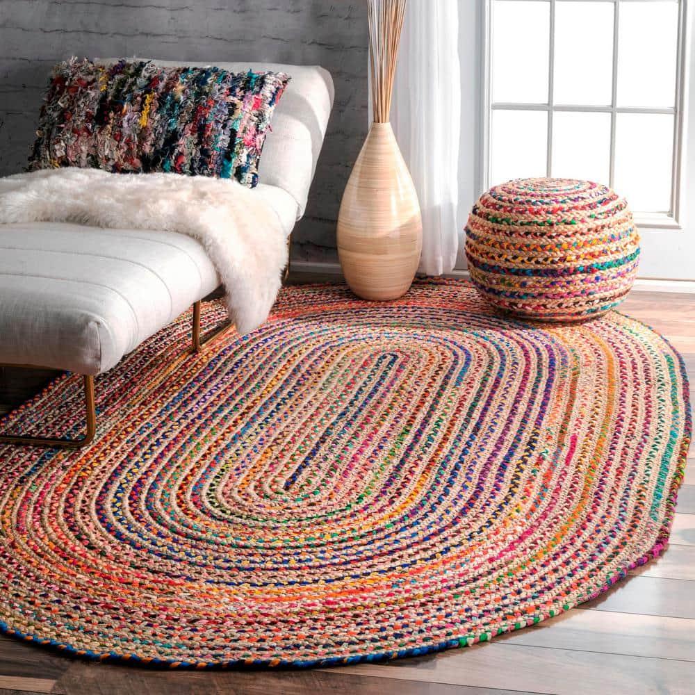 Nuloom Aleen Striped Oval 7x9 Jute Indoor Area Rug for Dining Room Rug Neutral Rug Living Room Rug Kitchen, Multicolor