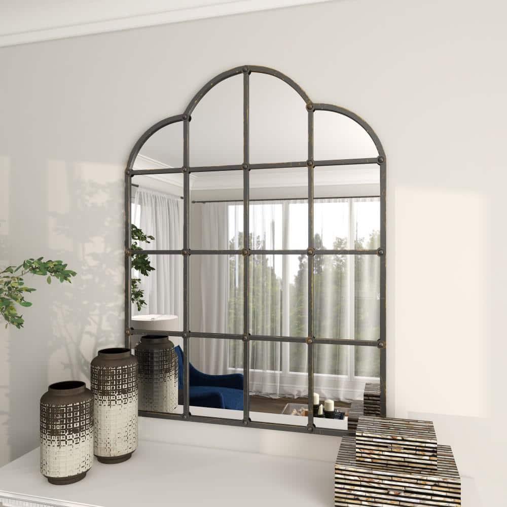 Metal Window Pane Inspired Wall Mirror with Arched Tops and Studs Black - Olivia & May