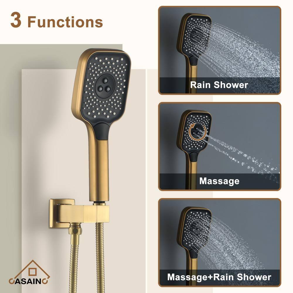 CASAINC CS6221-12BG Revitalize 3-Function 12 Inch Ceiling Mount Rainfall Thermostatic Shower System with 6 Body Jets