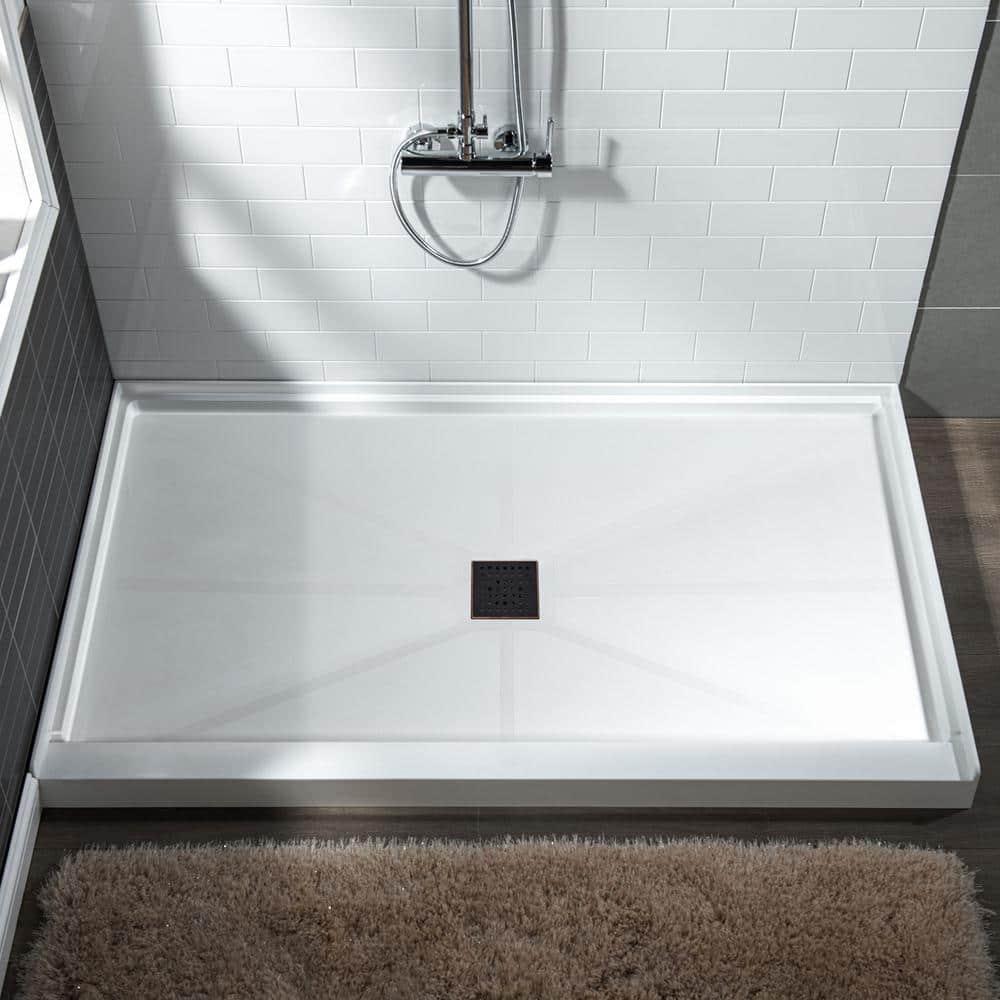 60" x 36" Solid Surface Single Threshold Shower Pan Base with Drain Assembly & Drain Cover Included, Non-Slip