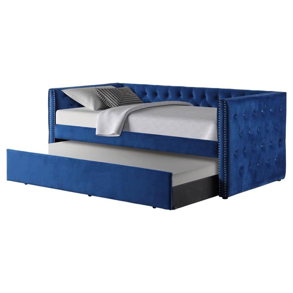 Best Master Furniture Nikora 86" Tufted Fabric Daybed with Trundle in Blue