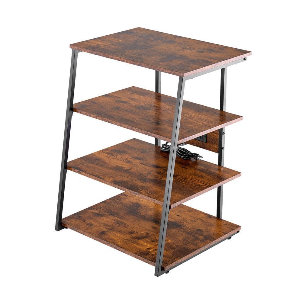 VEVOR 4-Tier AV Media Stand with Power Strips, Corner TV Stand with LED Lights, Height Adjustable Wooden Shelves