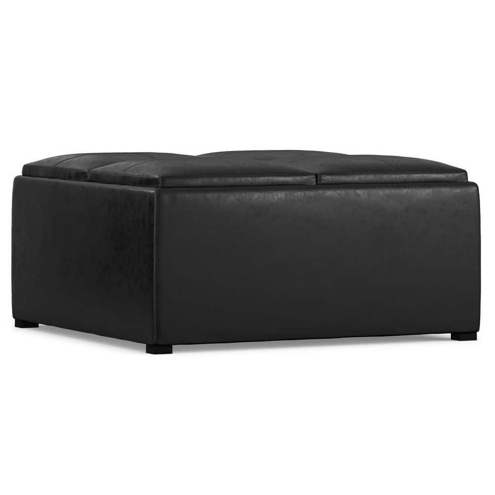 Simpli Home Avalon 35"W Upholstered Square Coffee Table Storage Ottoman with Flip-Over Trays