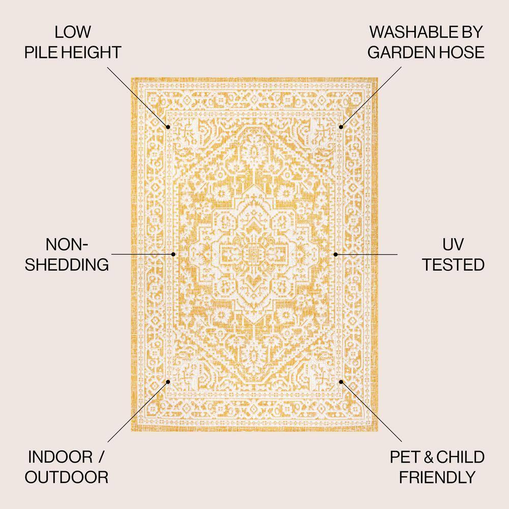 9' x 12' Sinjuri Medallion Textured Weave Indoor/Outdoor Area Rug, Yellow/Cream - JONATHAN Y