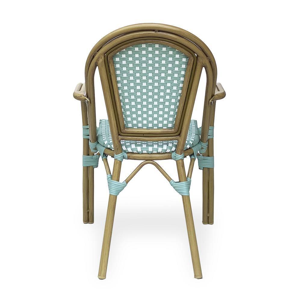 Cecil Aluminum and Wicker Outdoor French Bistro Chairs, Set of 2, Light Teal, White, and Wood Print