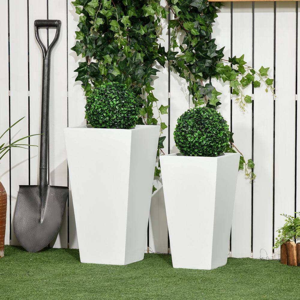 Outsunny 2-Pack MgO Flower Pots with Drainage Holes, Outdoor Planters, Durable & Stackable, for Entryway, Patio, Yard, Garden, White