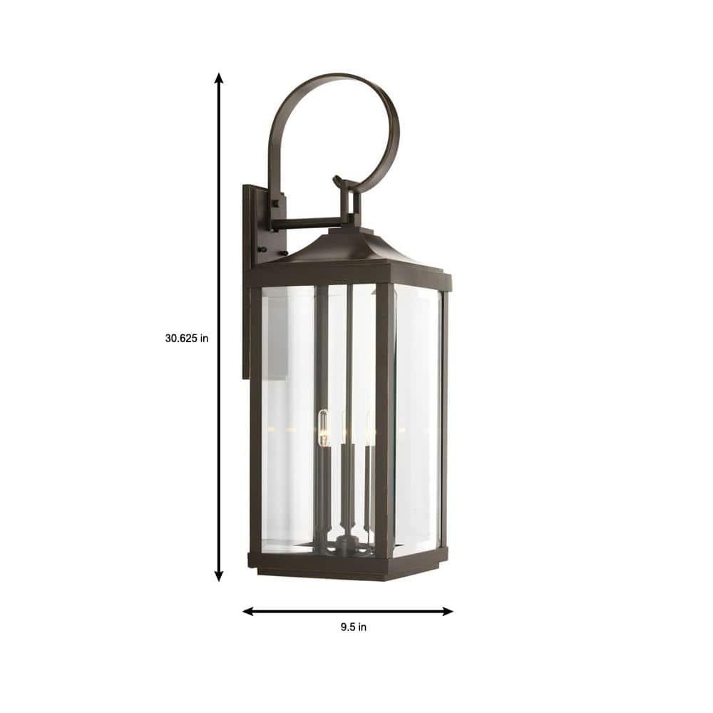 Progress Lighting Gibbes Street 3-Light Wall Lantern in Antique Bronze with Clear Beveled Glass Shade