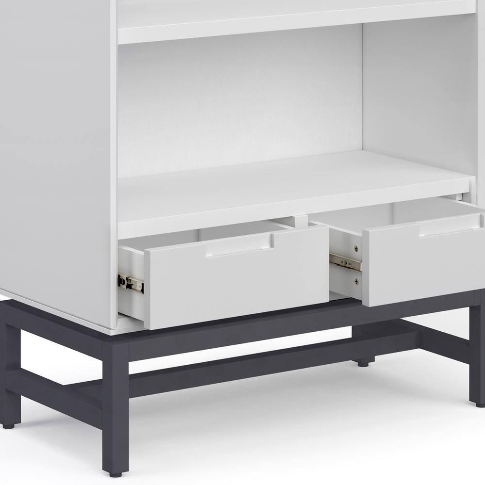 Simpli Home Banting 30"W Solid Wood 4 Shelf Industrial Bookcase with 2 Drawers, Adjustable Shelves, and Metal Base