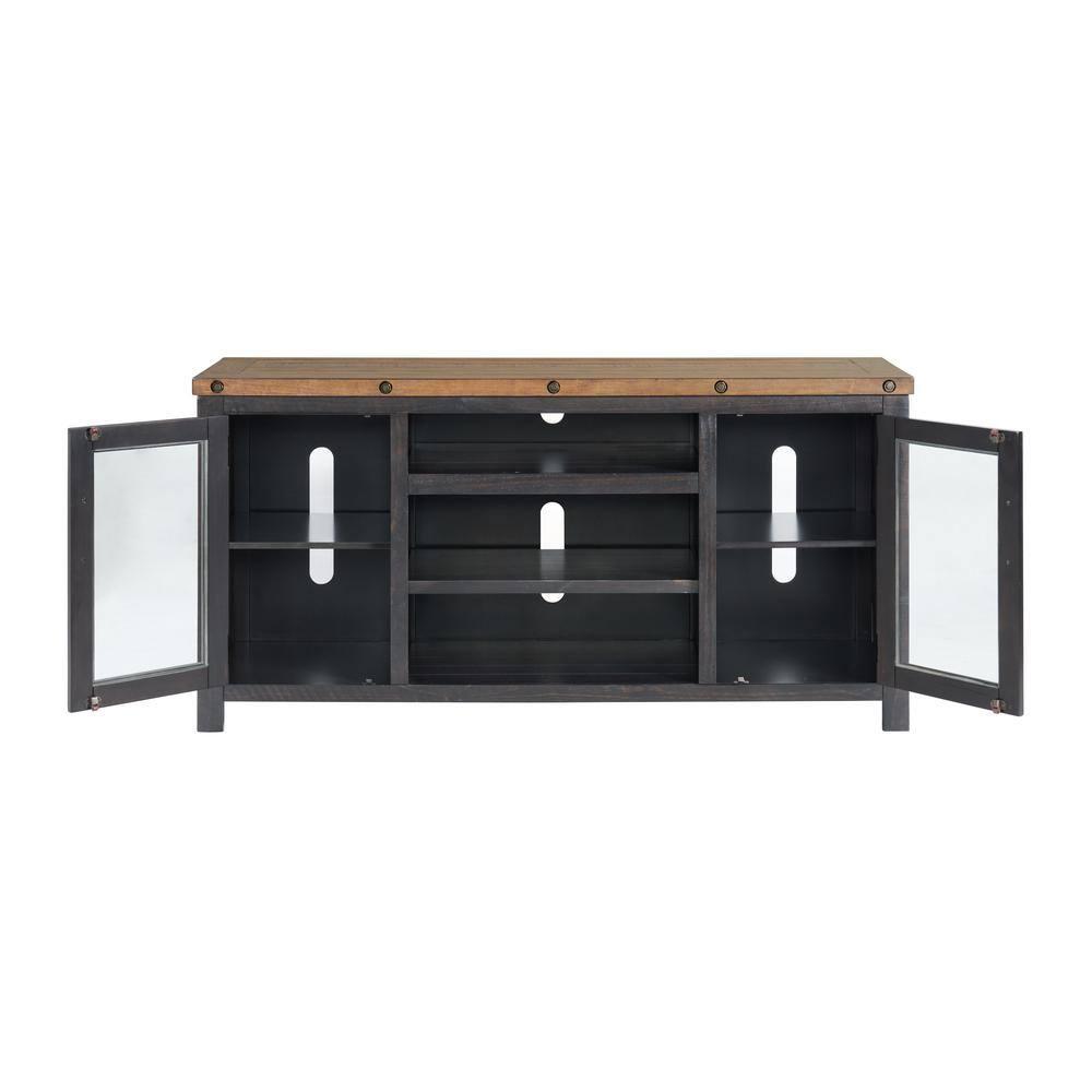 TV Stand with 2 Doors and Open Cubbies, Brown and Black- Saltoro Sherpi