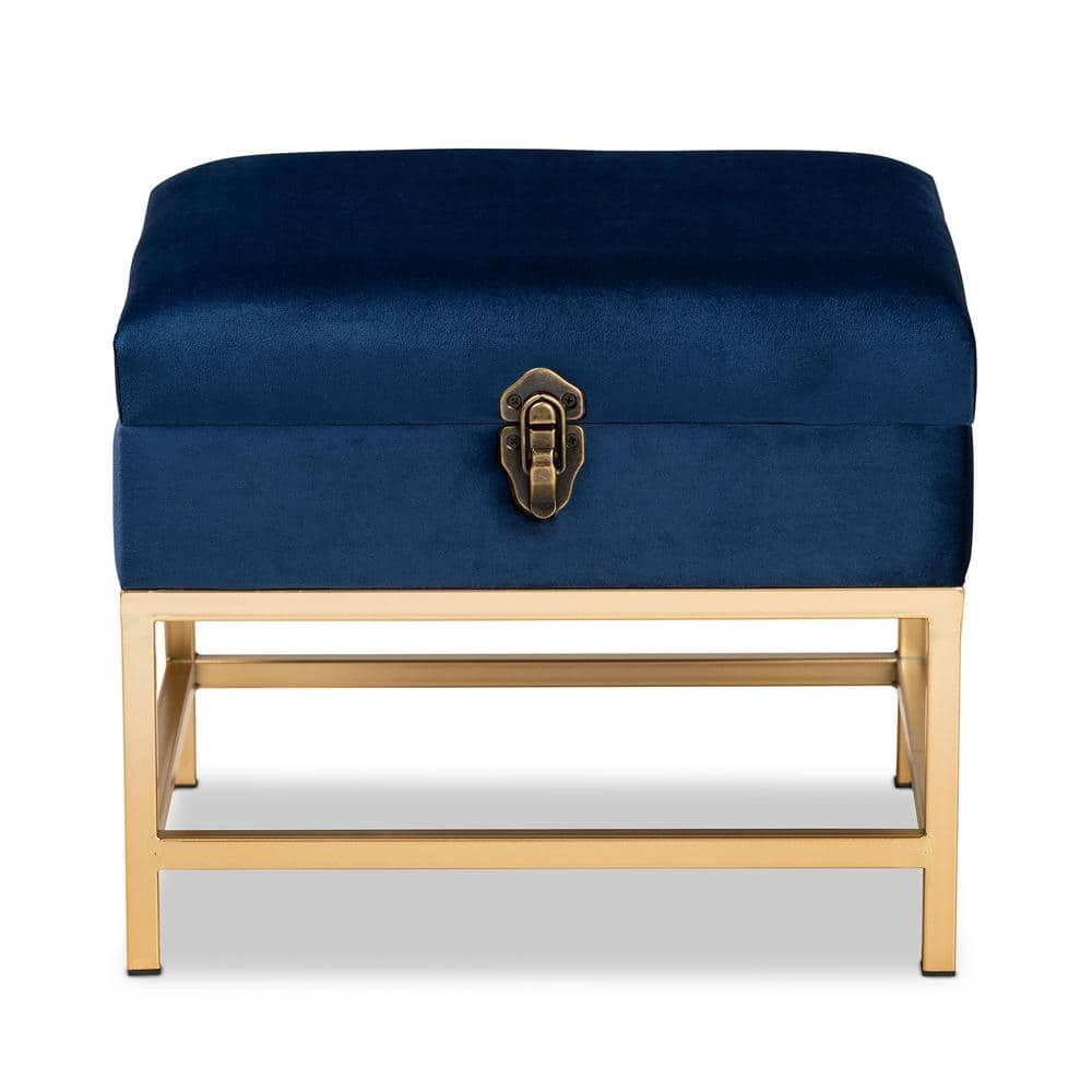 Baxton Studio Aliana Fabric and Metal Ottoman Navy Blue/Gold  Velvet Upholstered Bench, No Assembly Required