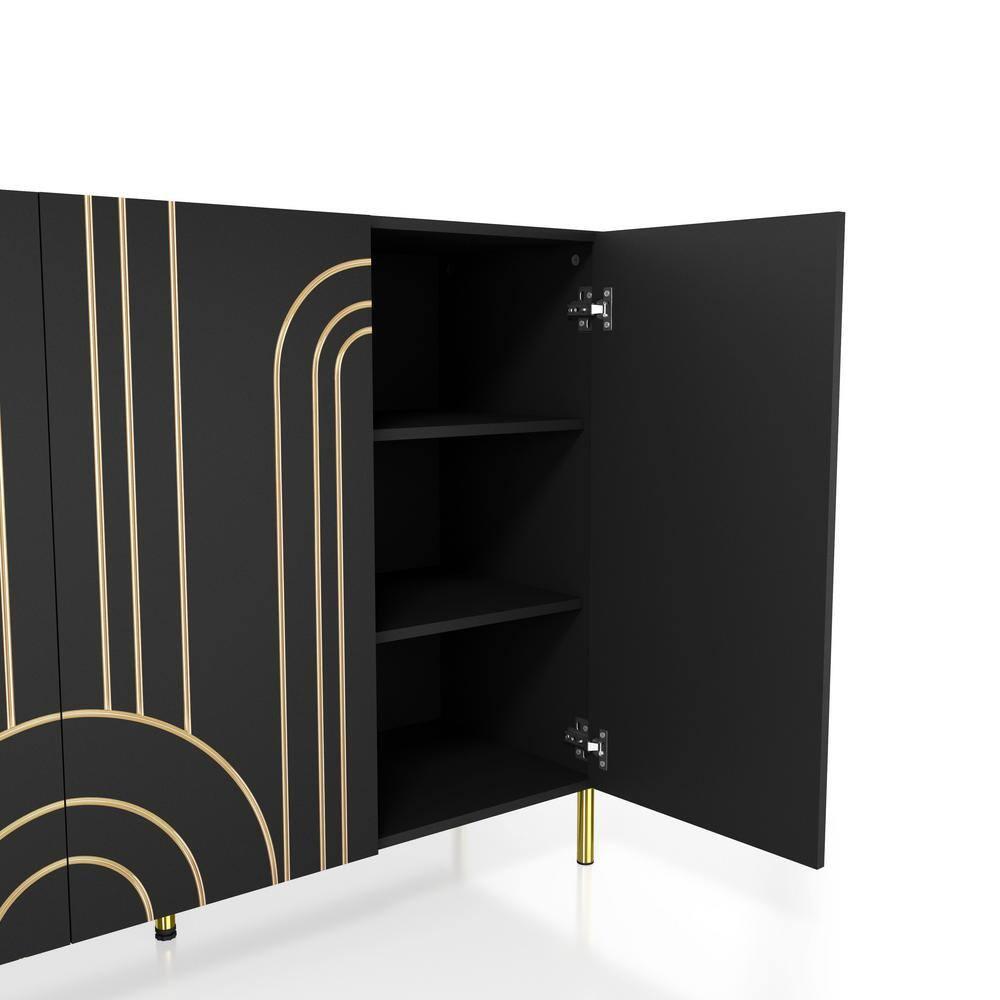 24/7 Shop At Home Touchsoft Glam 4 Shelf Sideboard Buffet with Adjustable Shelves Black: Modern Storage Credenza, Metal Frame