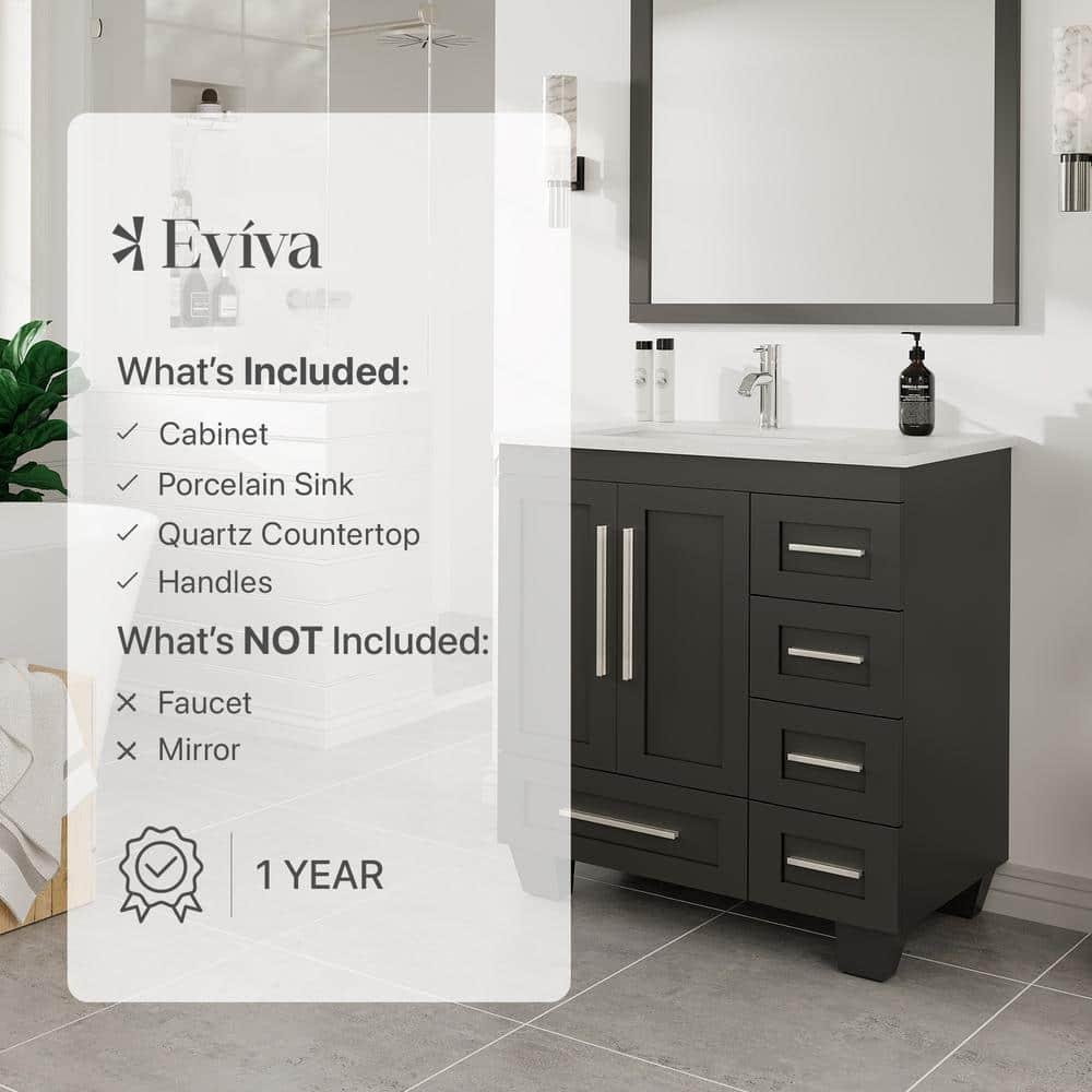 Eviva Loon 30"W x 22"D Espresso Bathroom Vanity with White Carrara Quartz Vanity Top and Rectangular Undermount Sink