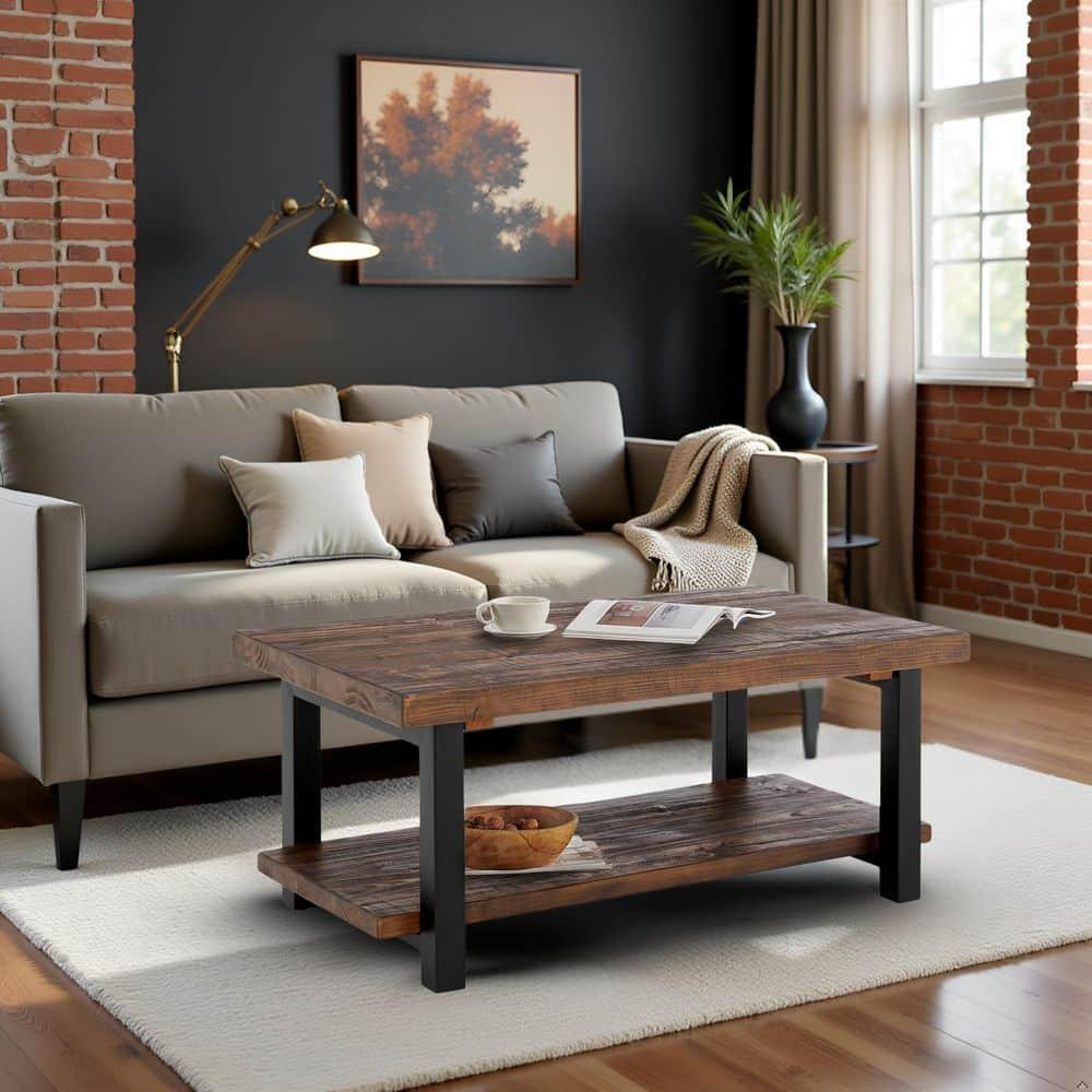 Alaterre Furniture 42" Pomona Wide Coffee Table Wood Rustic Natural: Fixed Shelf, Metal Frame, Living Room Furniture