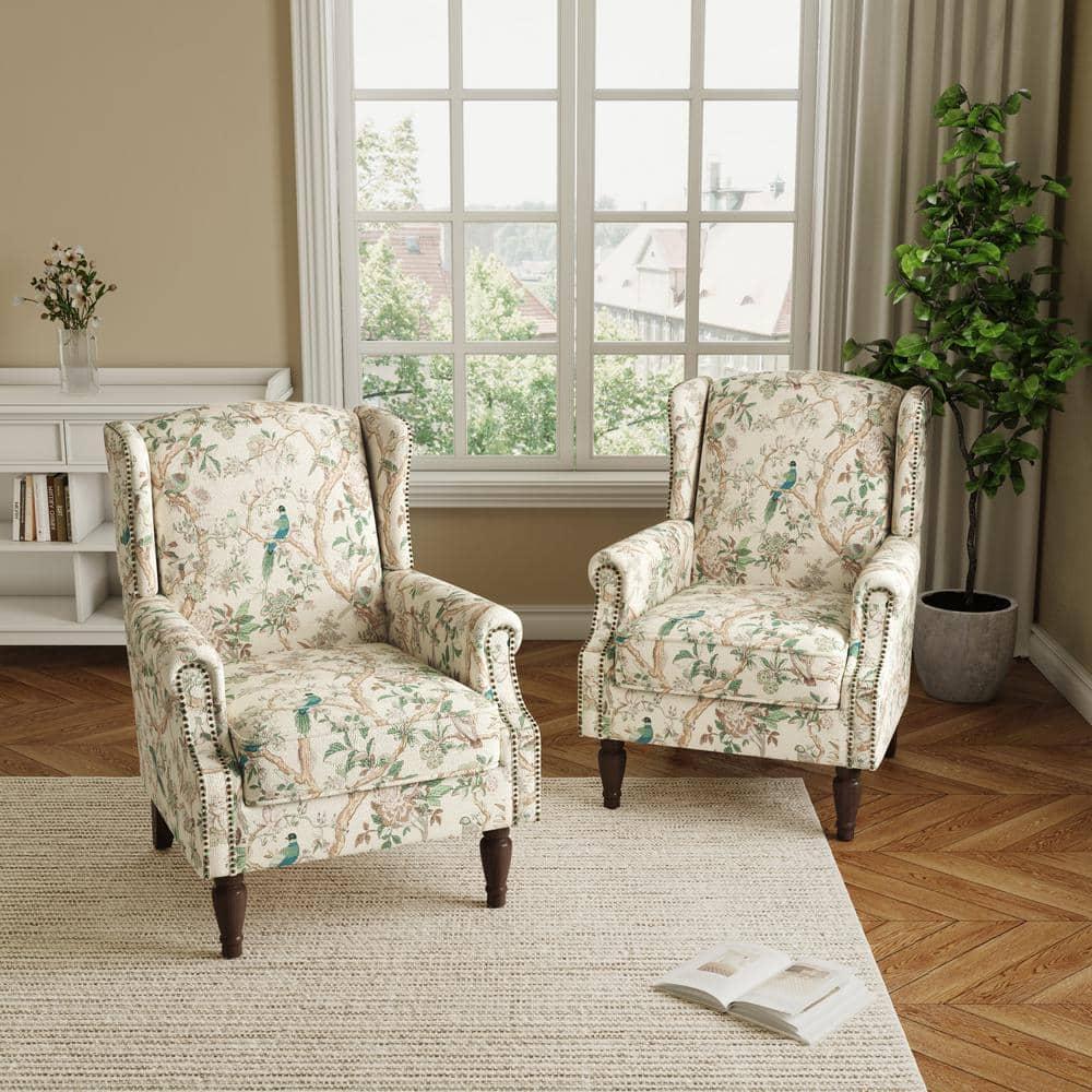 Bird Pattern Linen Upholstered High Back Accent Arm Chair with Nailhead Trim(Set of 2)