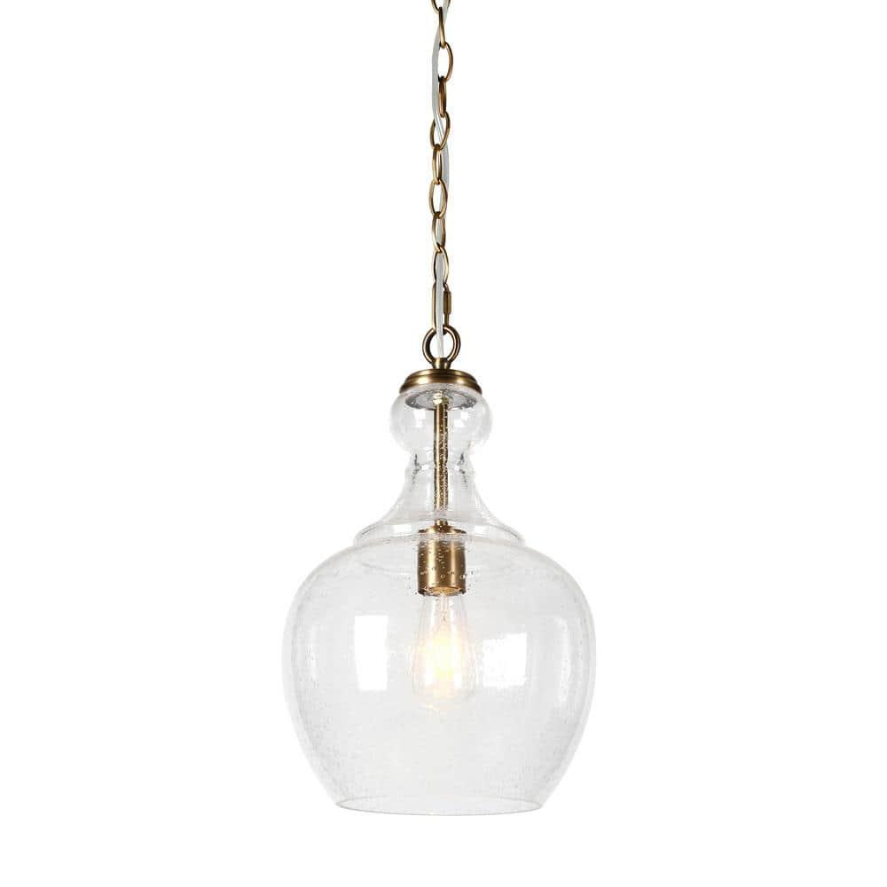 Henn&Hart 11" Wide Pendant with Glass Shade in Brass/Seeded, Pendant, Flush Mount Ceiling Light Fixture for Kitchen, Living Room